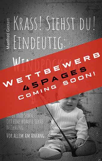 Vorschaubild zum kommendem Wettbewerb 45Pages Grauer Buchcoverhintergrund mit einem Rotem Banner zum kommenden Wettbewerb